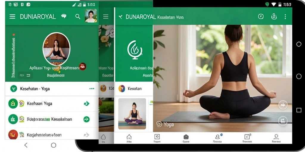 Antarmuka DUNIAROYAL menampilkan pilihan sesi yoga yang menarik dan fungsional.