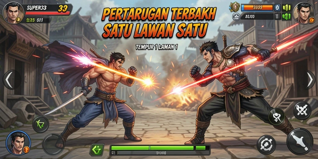 Antarmuka permainan SUPER33 yang dinamis dan interaktif dalam Tempur 1 Lawan 1.